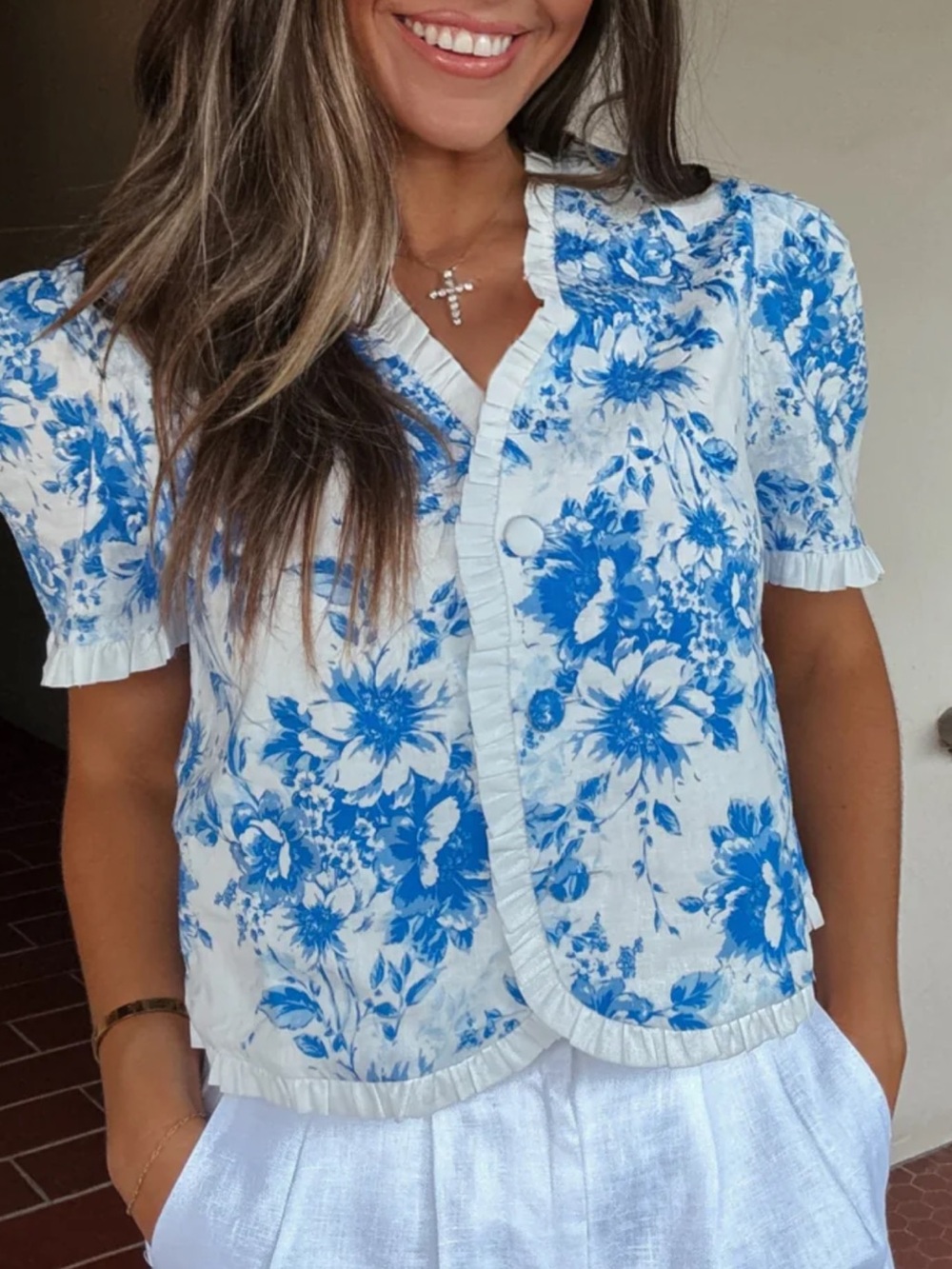 Olivaceous White and Light Blue Linen Blend Top